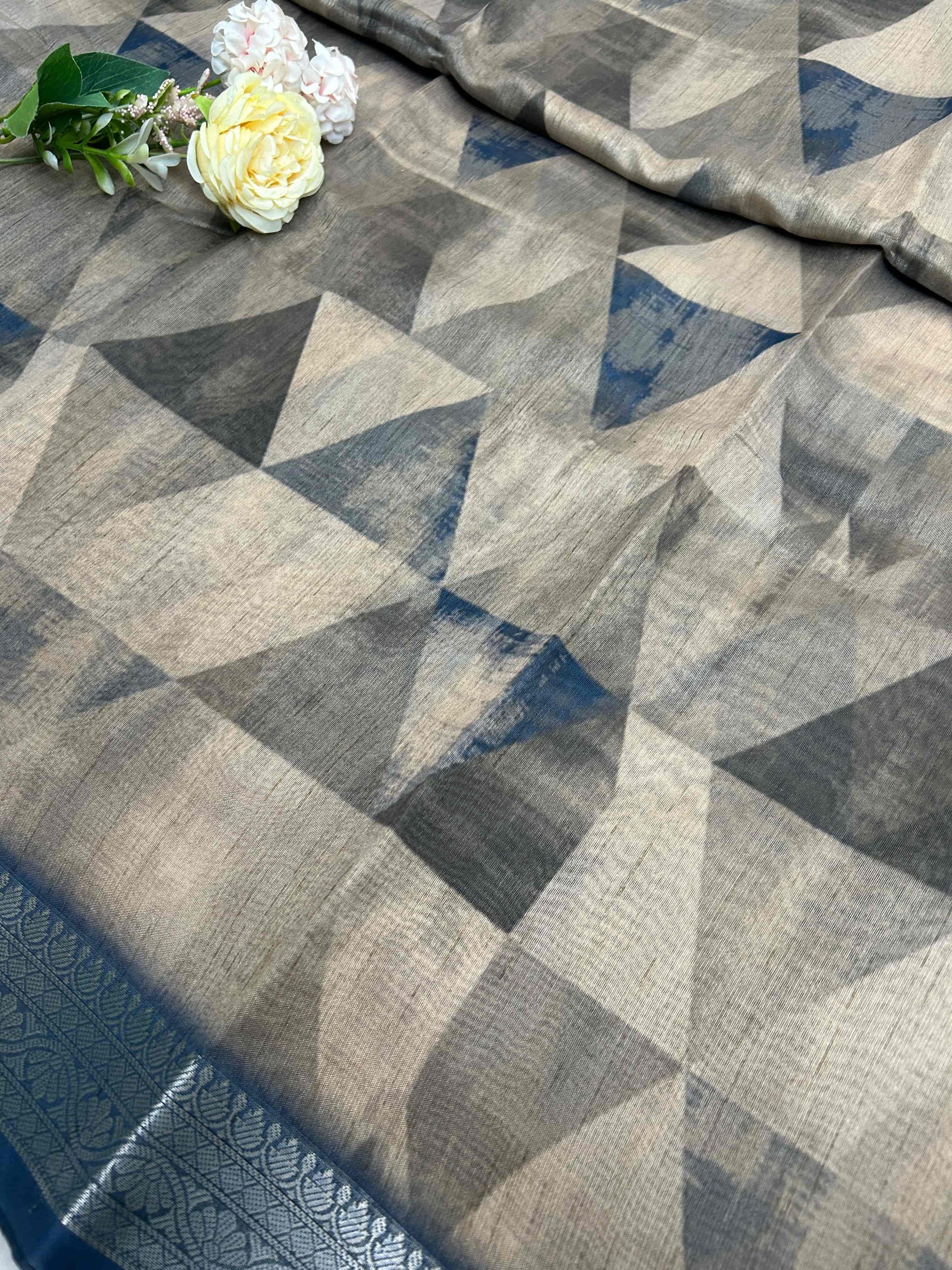 Blue and beige digital print pure tusser banarasi silk saree Niaura