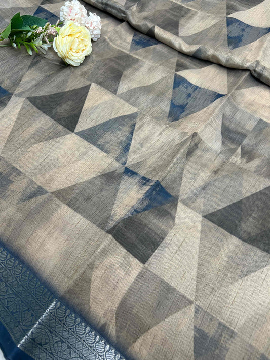 Blue and beige digital print pure tusser banarasi silk saree Niaura