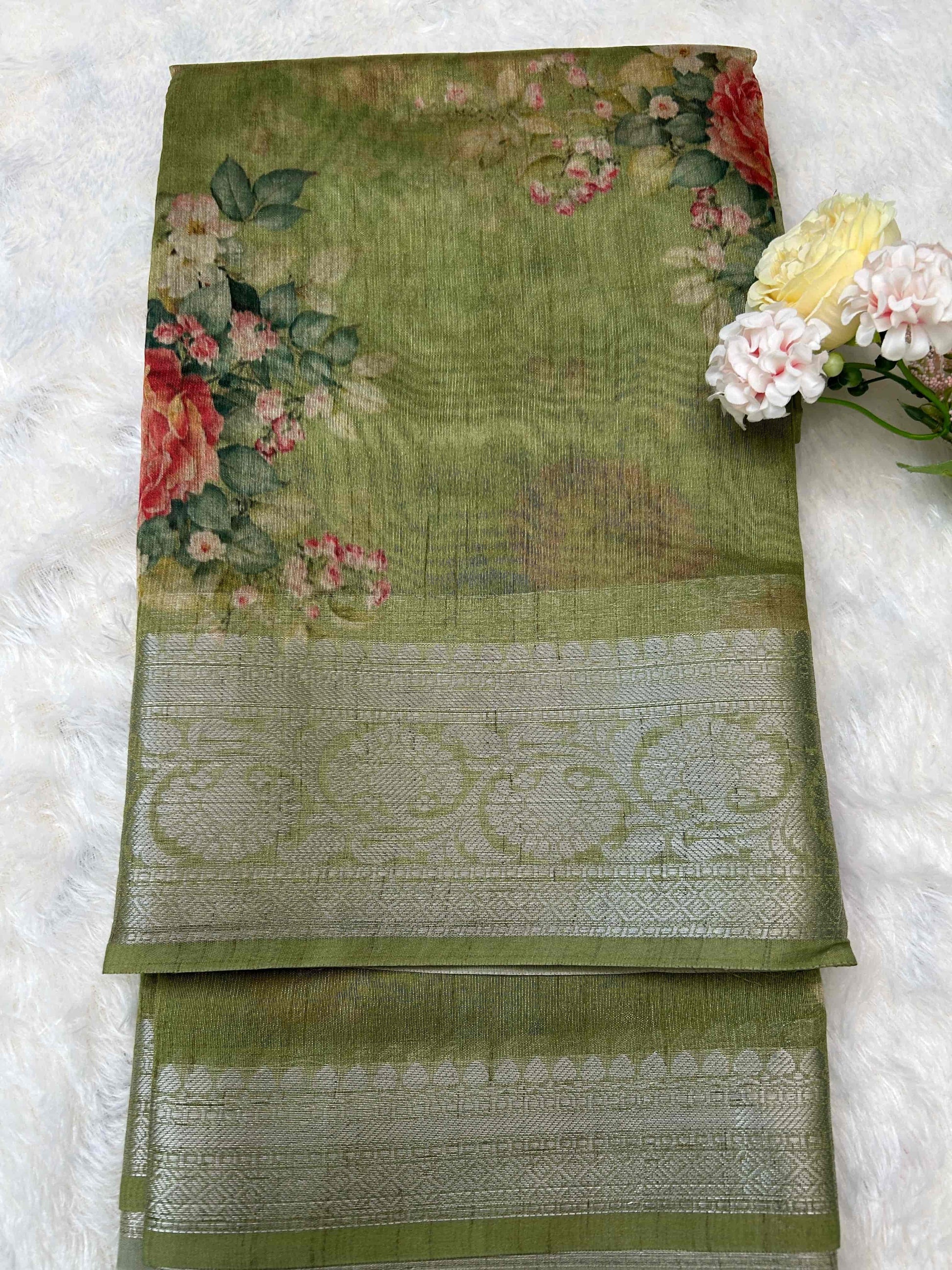 Green digital print pure tusser banarasi silk saree Niaura