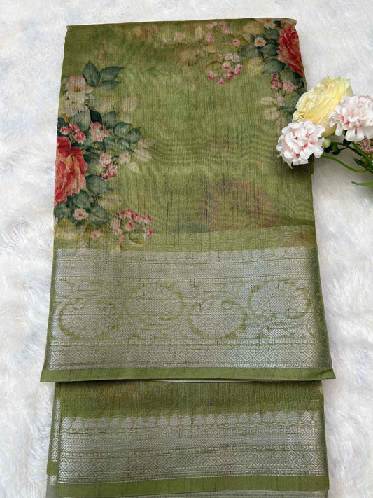 Green digital print pure tusser banarasi silk saree Niaura