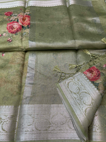 Green digital print pure tusser banarasi silk saree Niaura