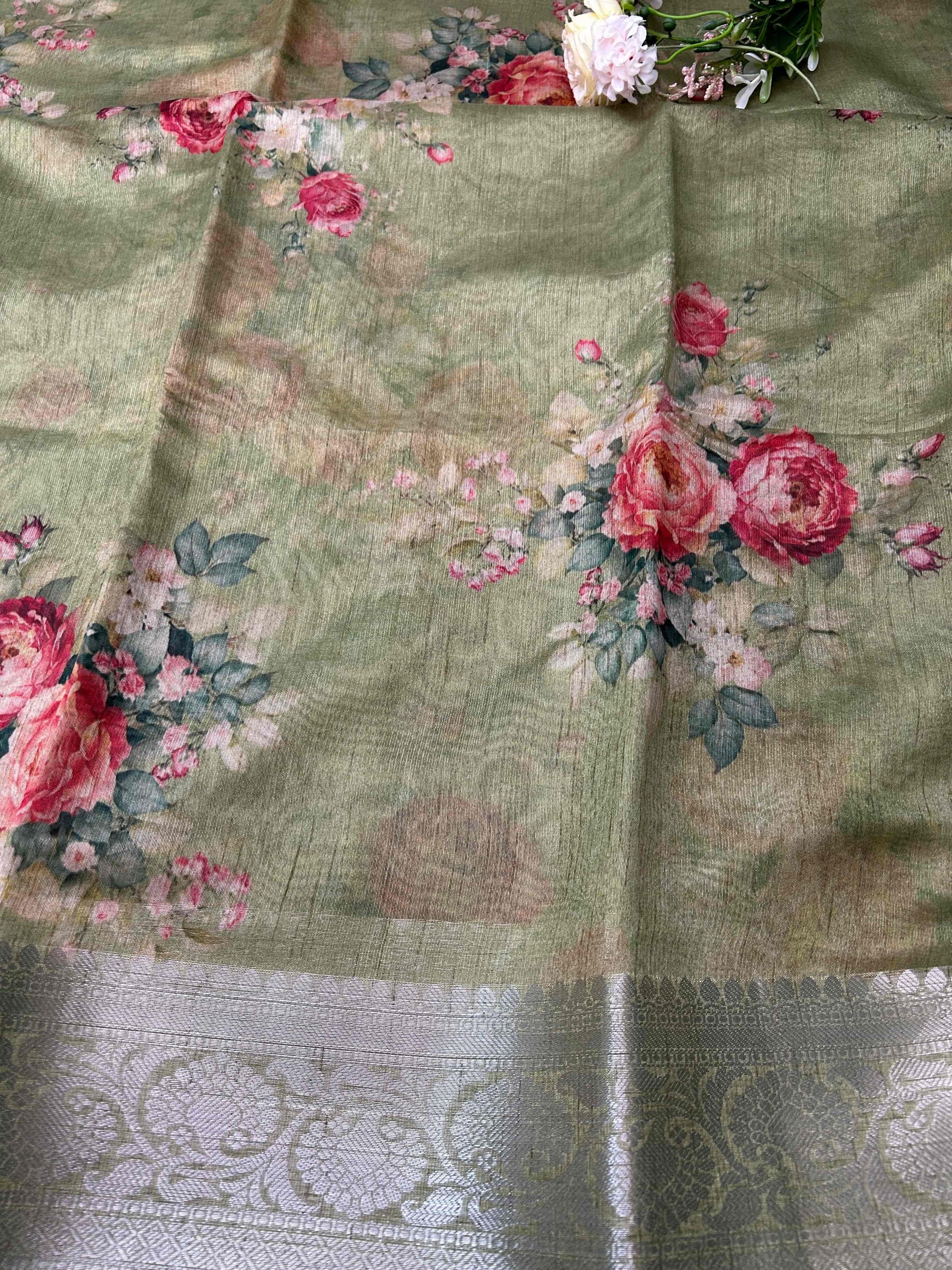 Green digital print pure tusser banarasi silk saree Niaura