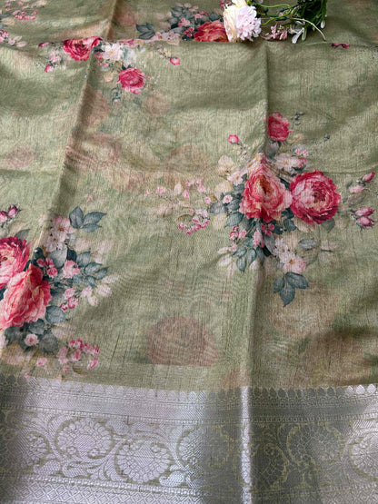 Green digital print pure tusser banarasi silk saree Niaura