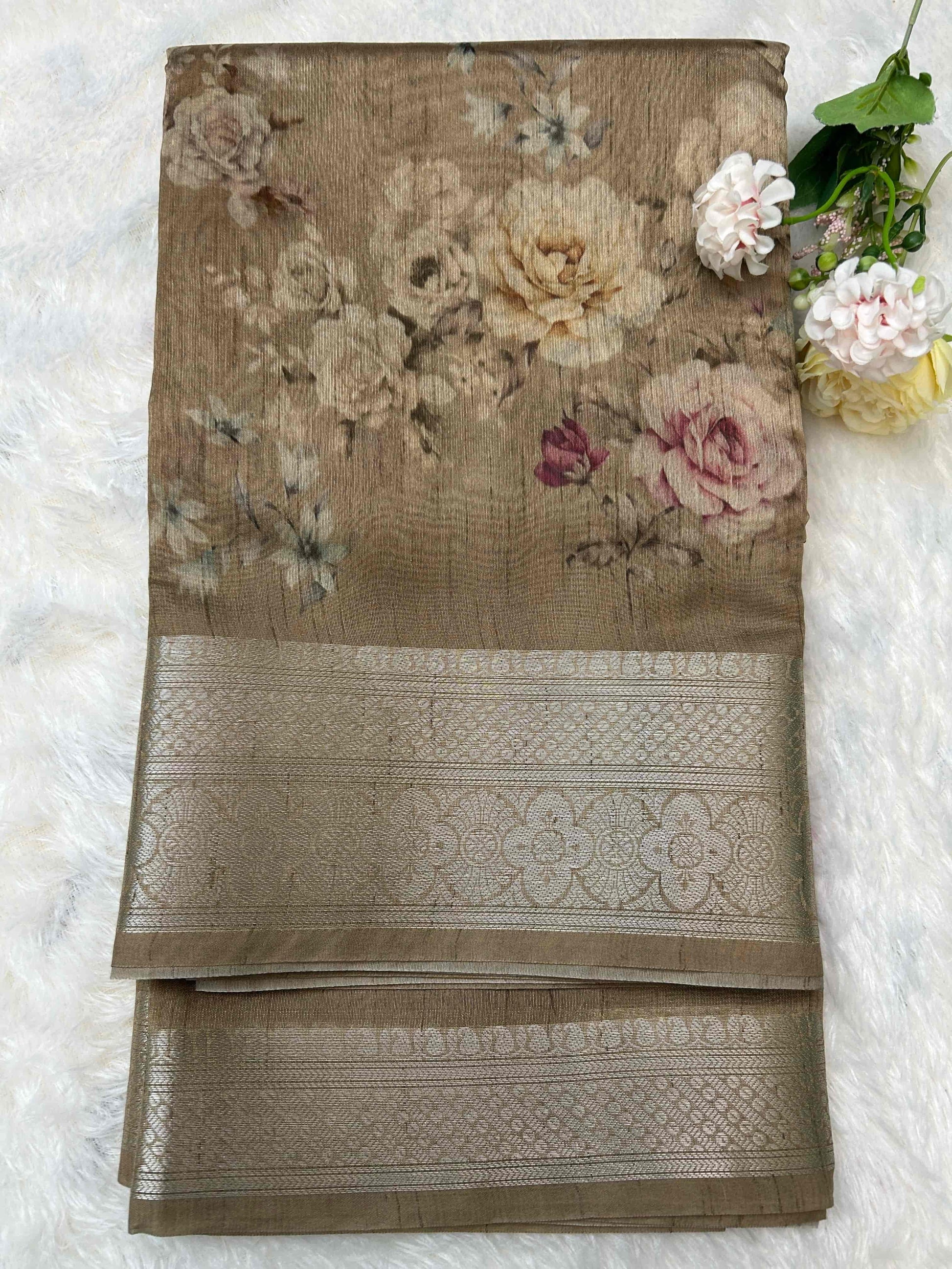Brown digital print pure tusser banarasi silk saree Niaura