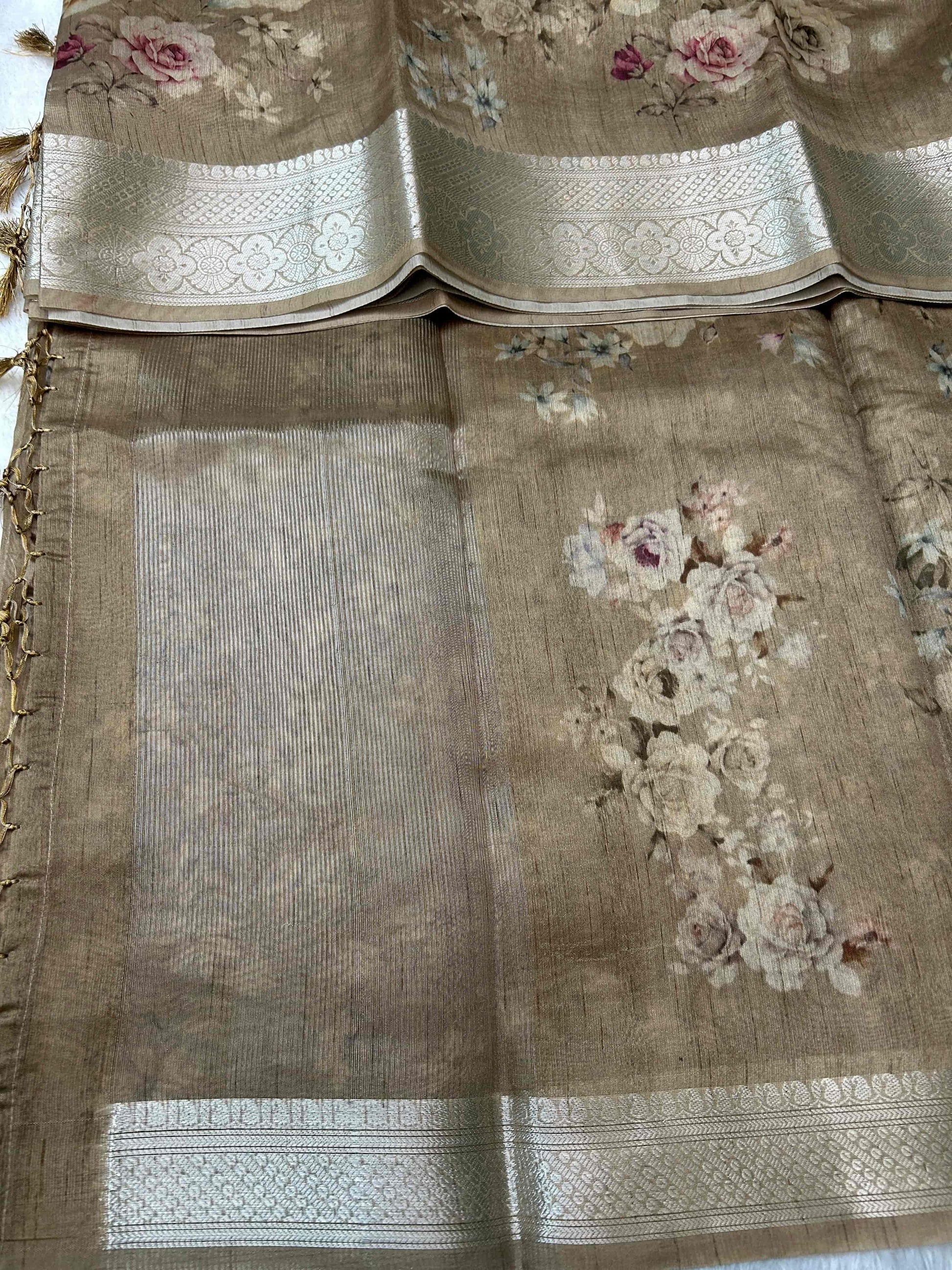 Brown digital print pure tusser banarasi silk saree Niaura