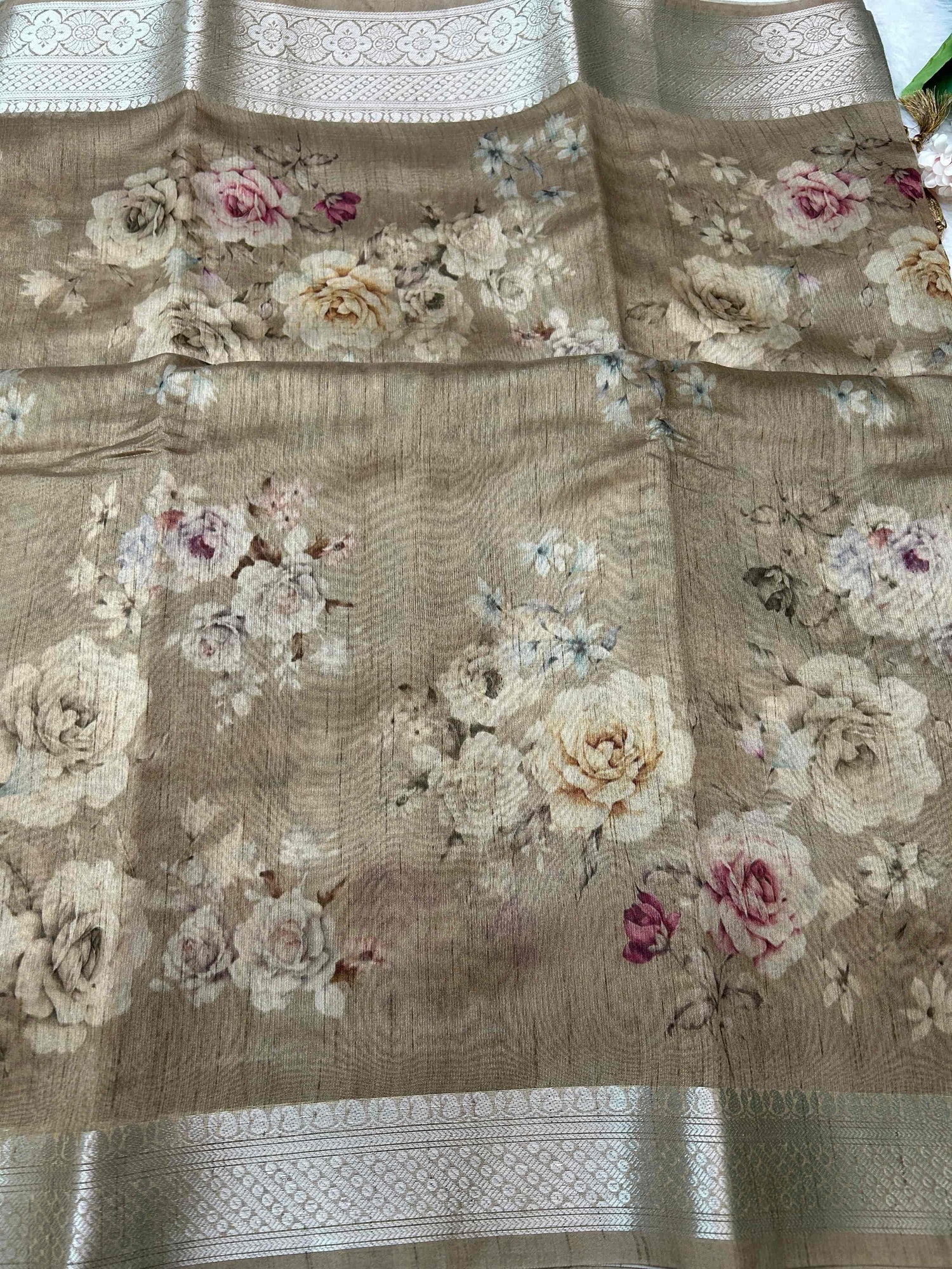 Brown digital print pure tusser banarasi silk saree Niaura