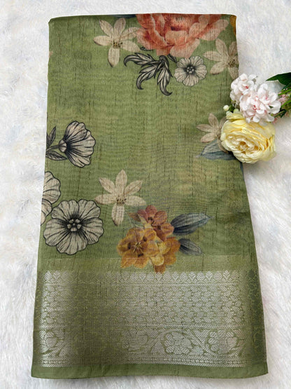 Green digital print pure tusser banarasi silk saree Niaura