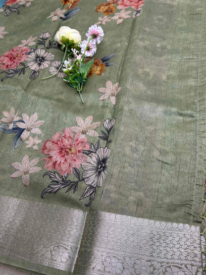 Green digital print pure tusser banarasi silk saree Niaura