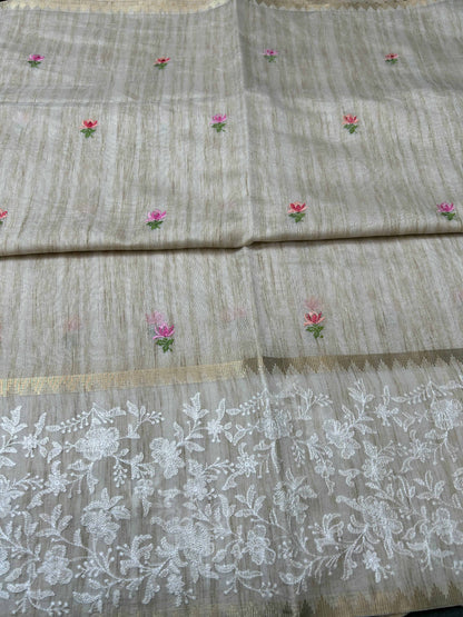 Cream threadwork tusser banarasi silk saree Niaura
