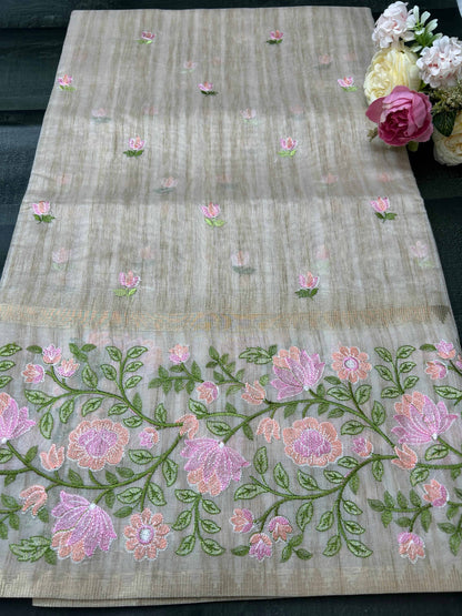 Cream threadwork tusser banarasi silk saree Niaura