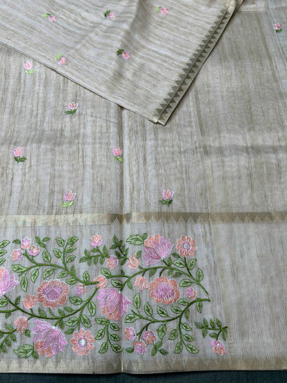 Cream threadwork tusser banarasi silk saree Niaura