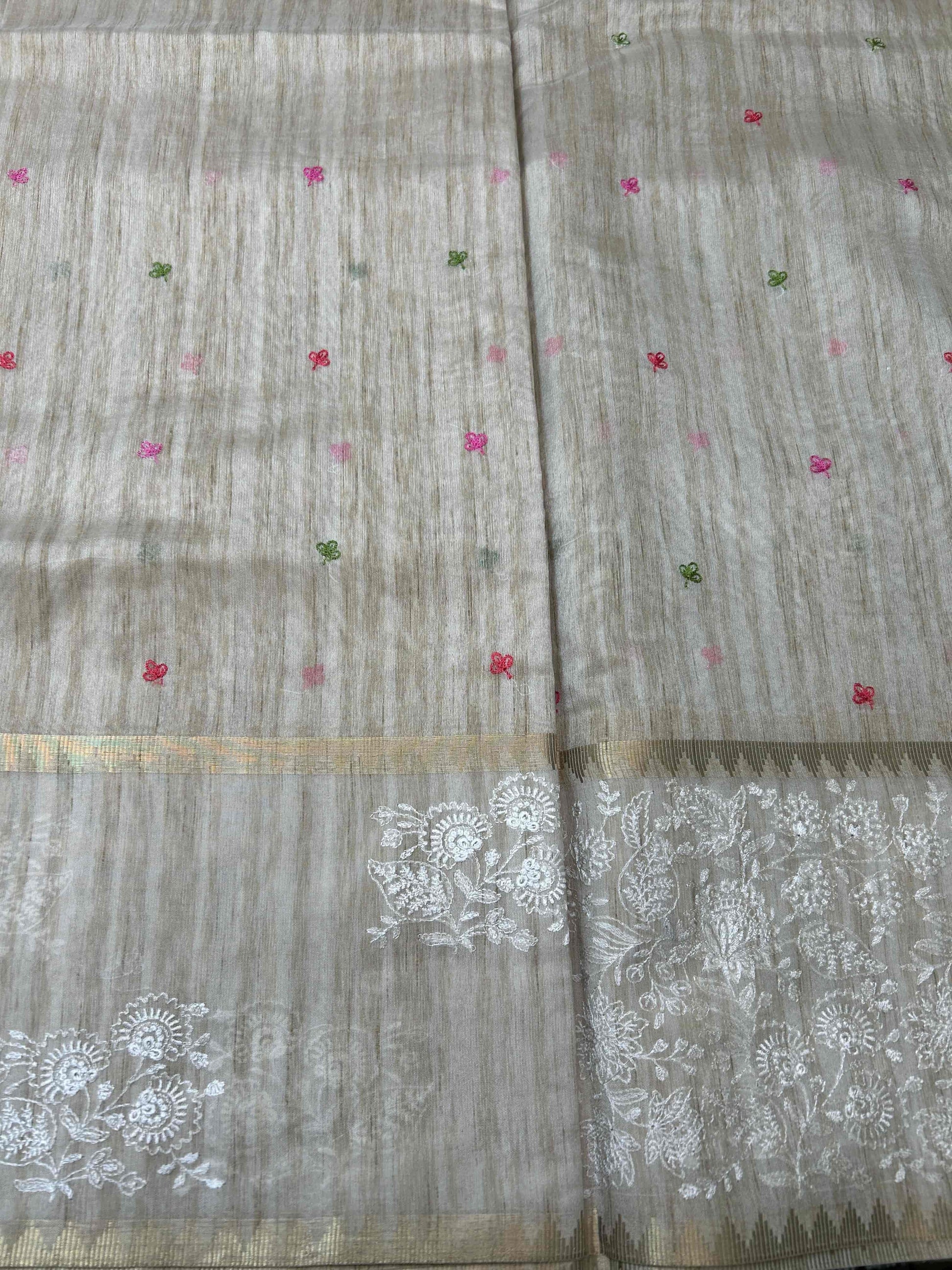 Cream threadwork tusser banarasi silk saree Niaura