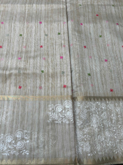 Cream threadwork tusser banarasi silk saree Niaura