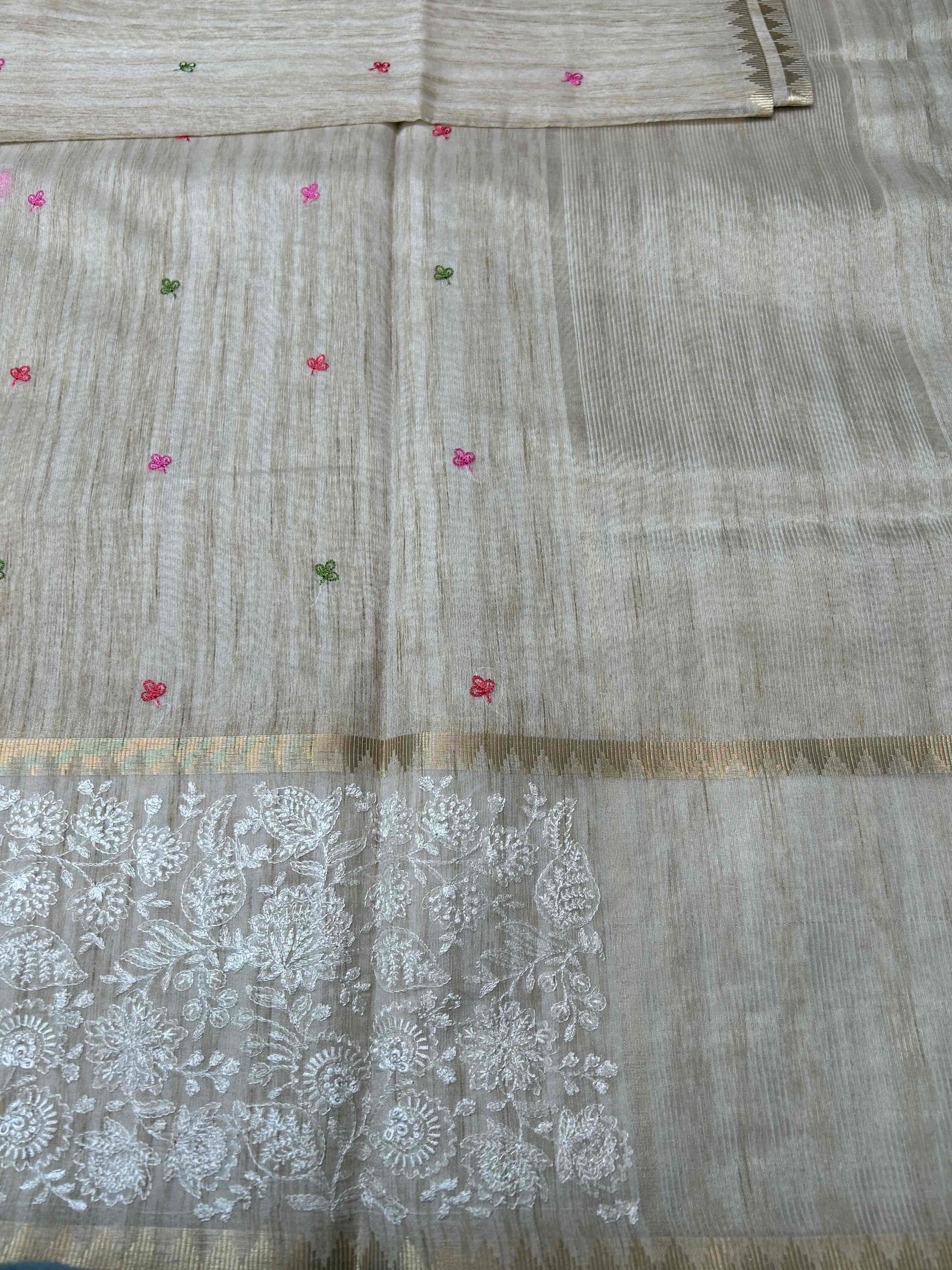 Cream threadwork tusser banarasi silk saree Niaura