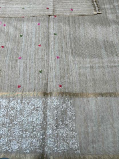 Cream threadwork tusser banarasi silk saree Niaura