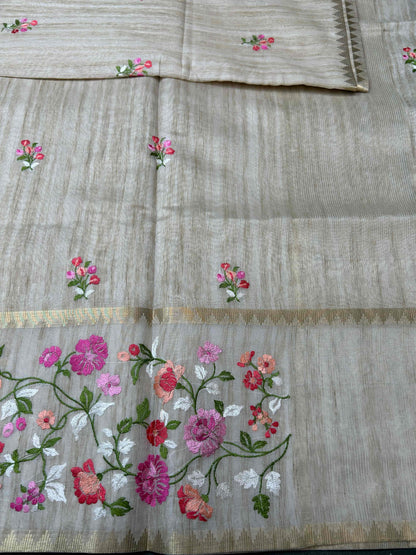 Cream threadwork tusser banarasi silk saree Niaura