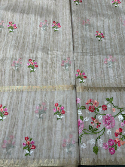 Cream threadwork tusser banarasi silk saree Niaura