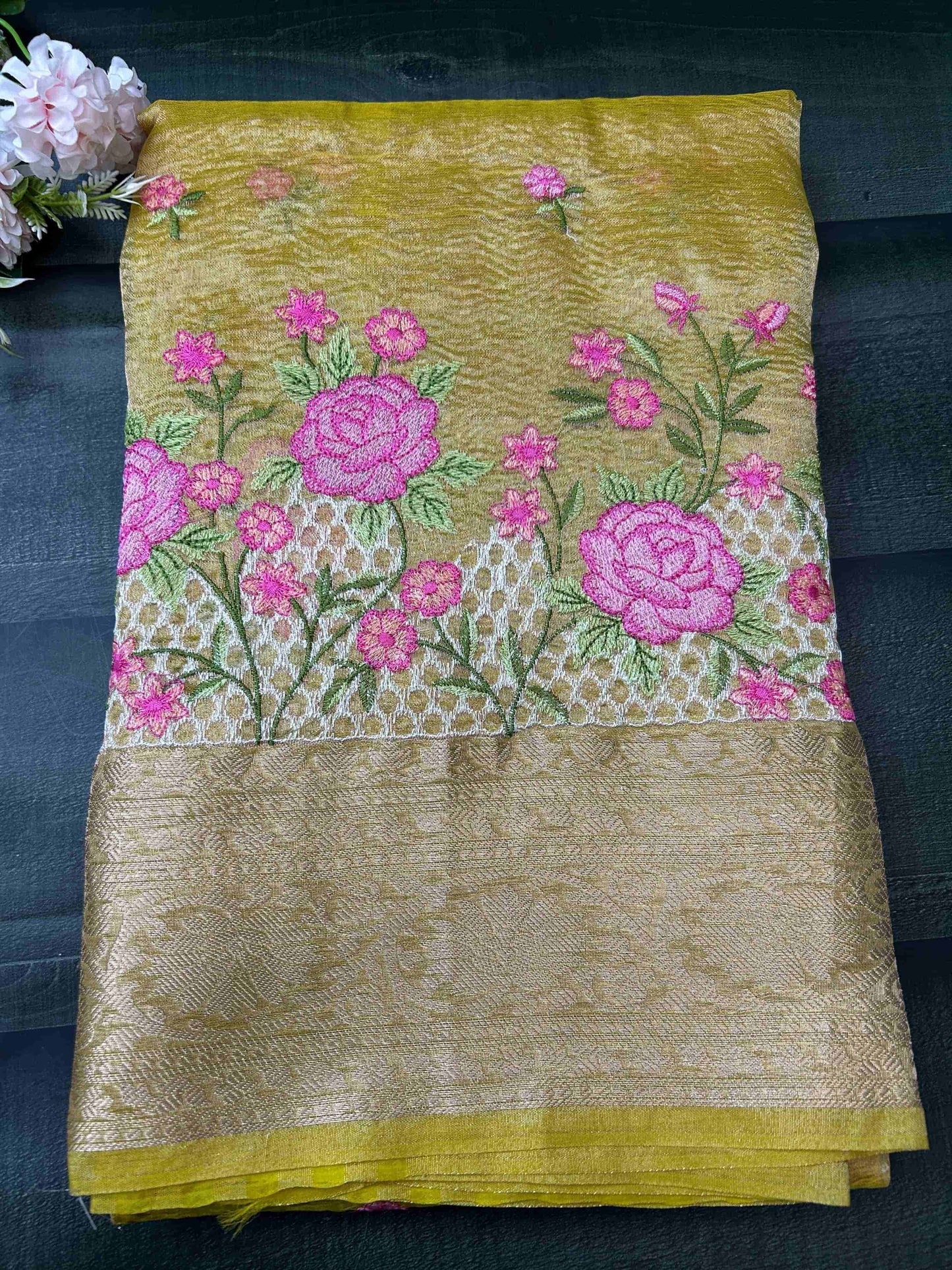 Yellow with threadwork crush tissue banarasi silk saree Niaura