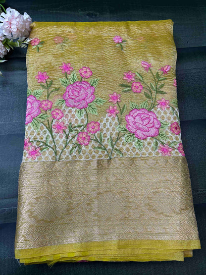 Yellow with threadwork crush tissue banarasi silk saree Niaura