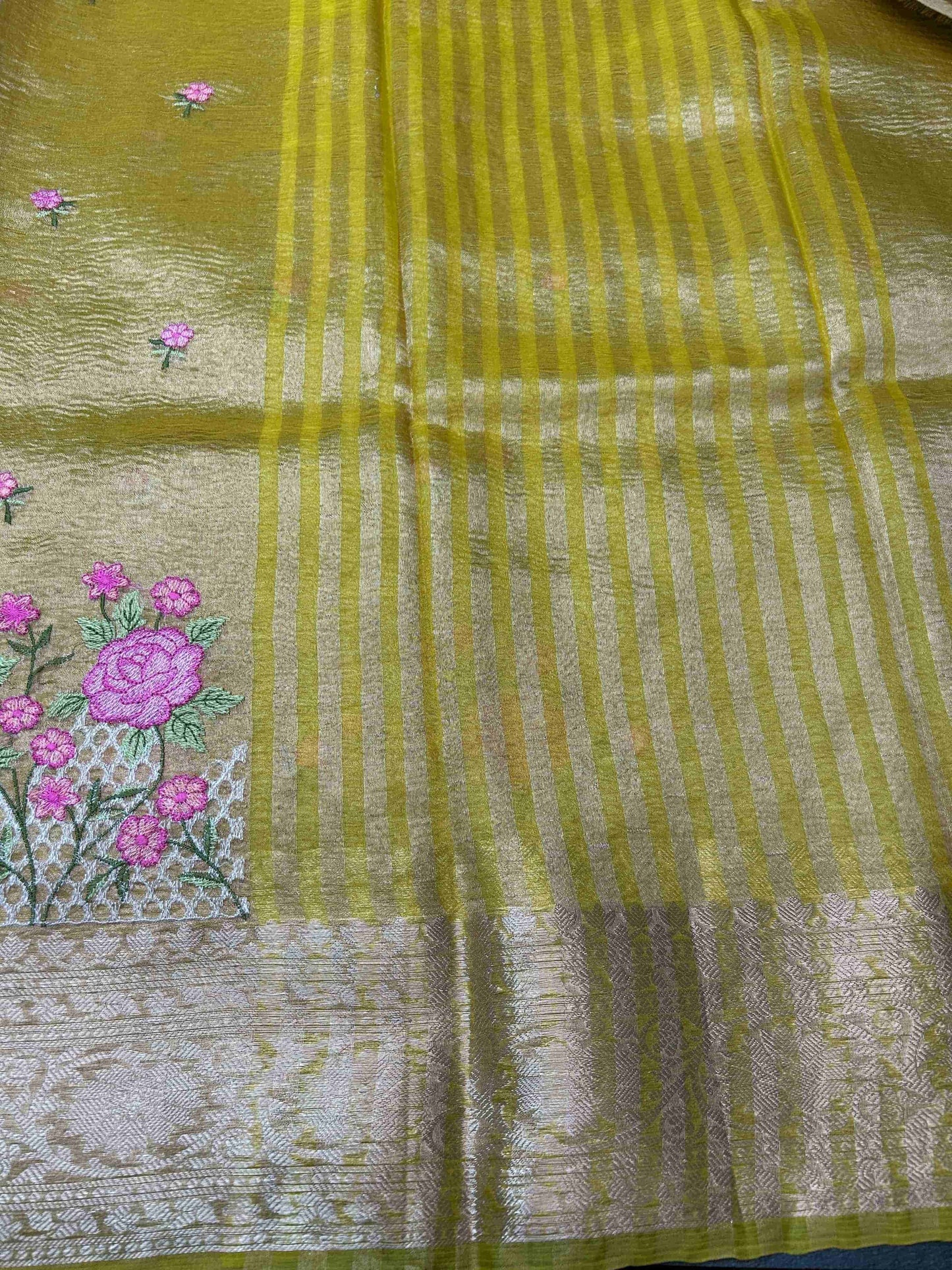 Yellow with threadwork crush tissue banarasi silk saree Niaura