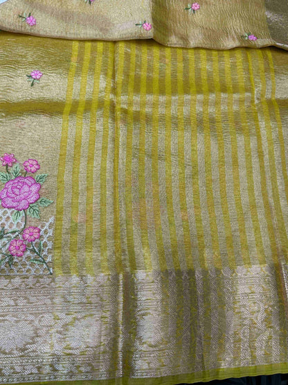 Yellow with threadwork crush tissue banarasi silk saree Niaura