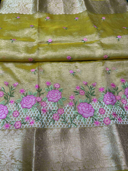 Yellow with threadwork crush tissue banarasi silk saree Niaura