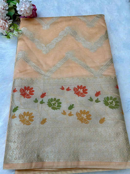 Peach with meenakari boarder tissue banarasi silk saree Niaura