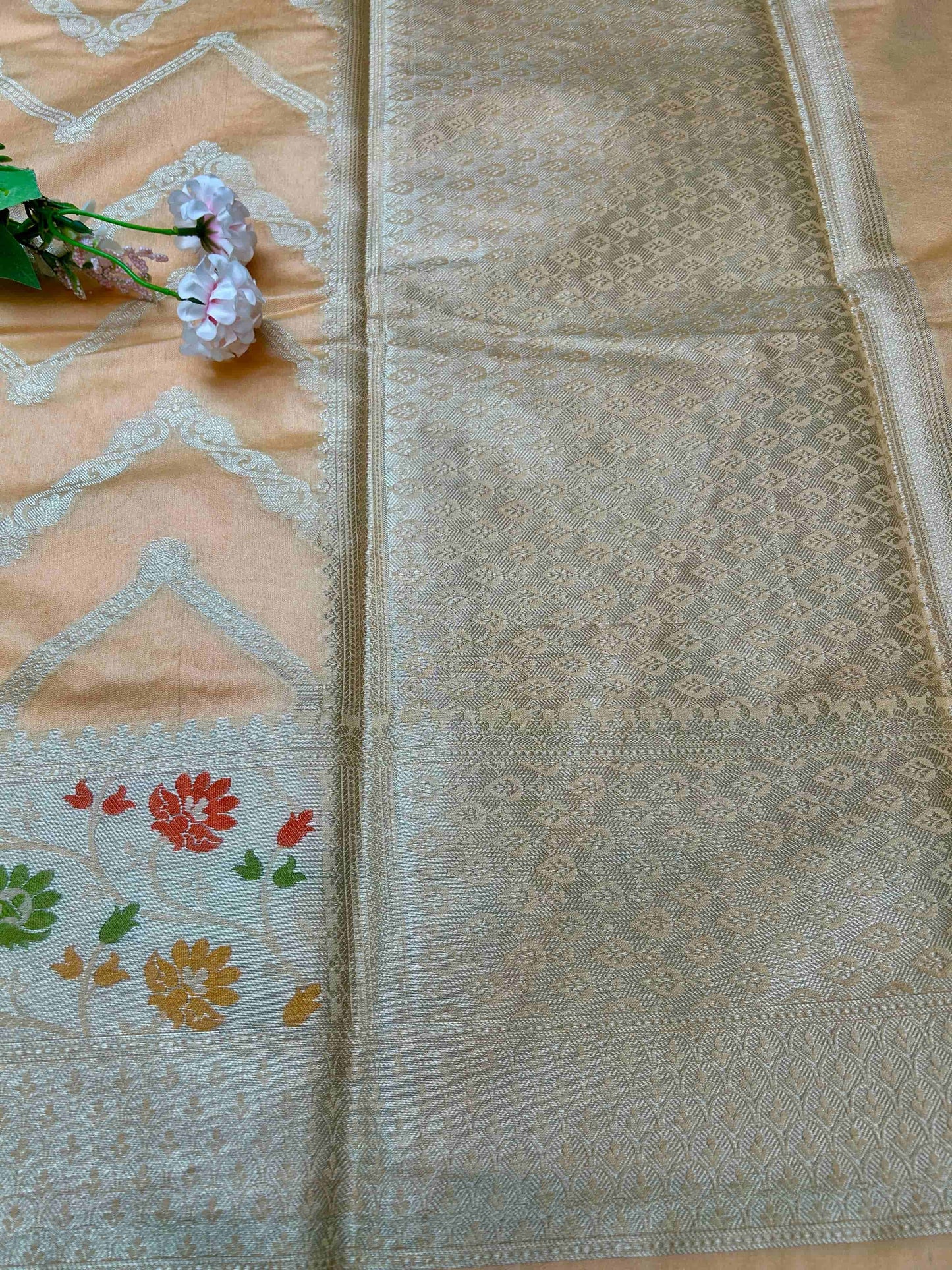 Peach with meenakari boarder tissue banarasi silk saree Niaura