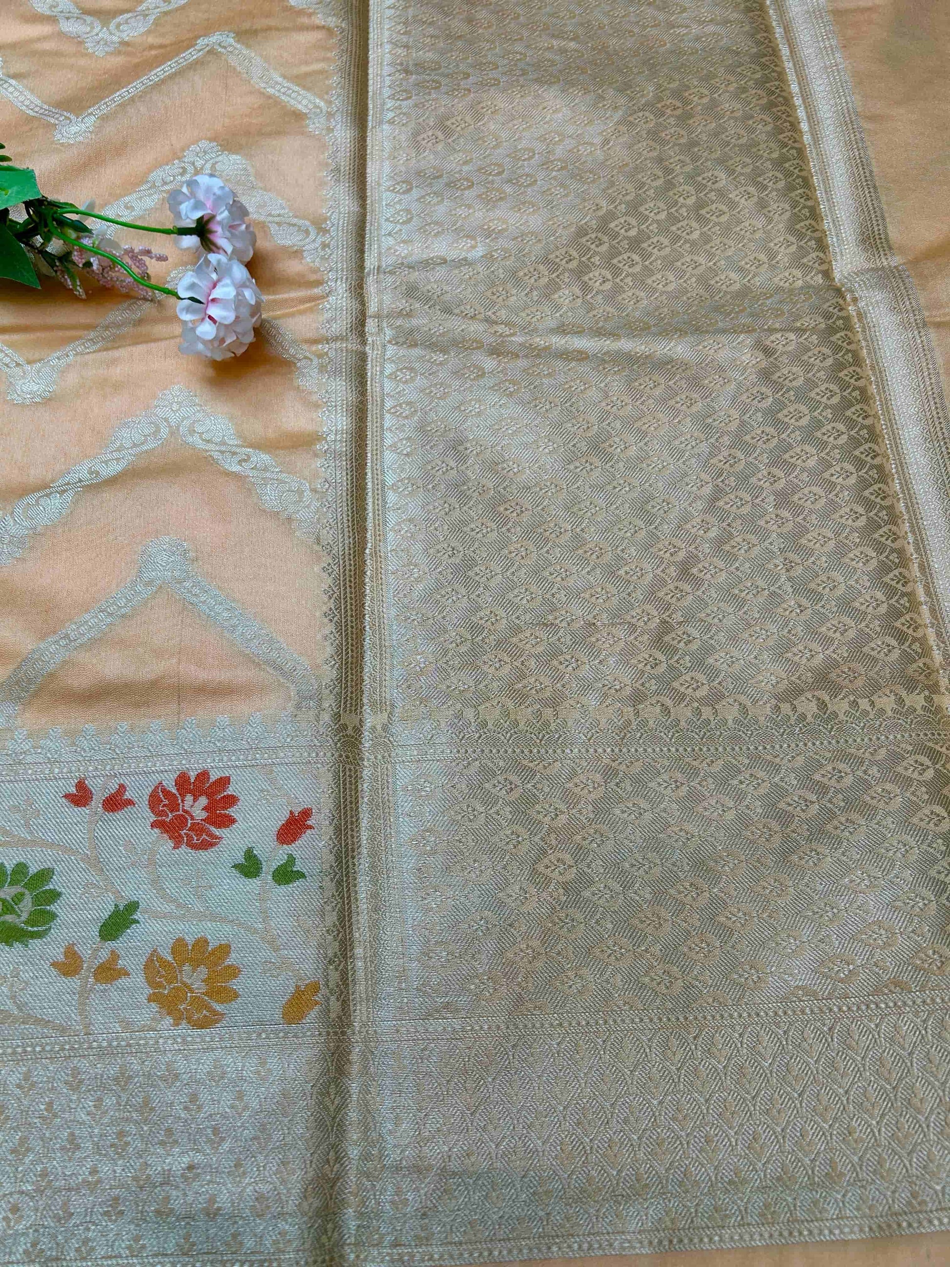 Peach with meenakari boarder tissue banarasi silk saree Niaura