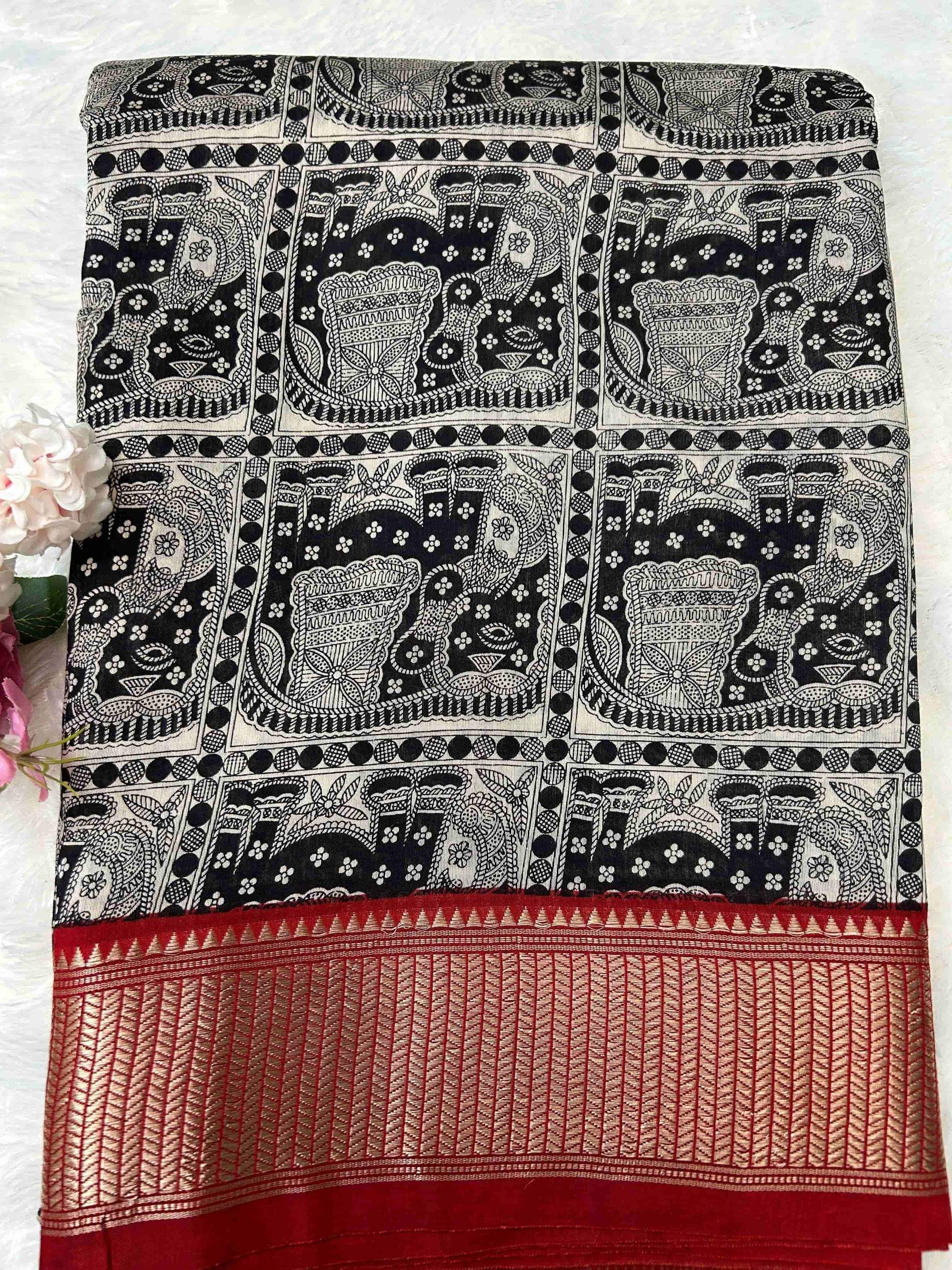 Black and red elephant print Assam banarasi silk saree Niaura