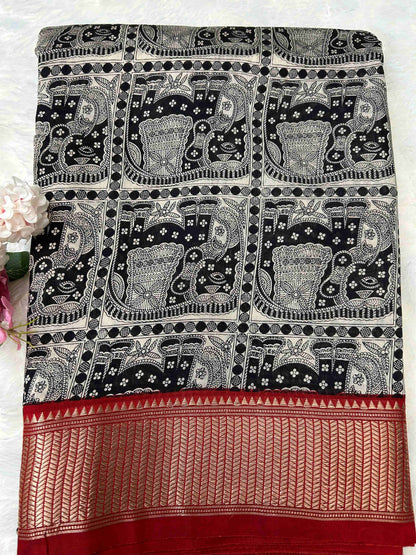 Black and red elephant print Assam banarasi silk saree Niaura