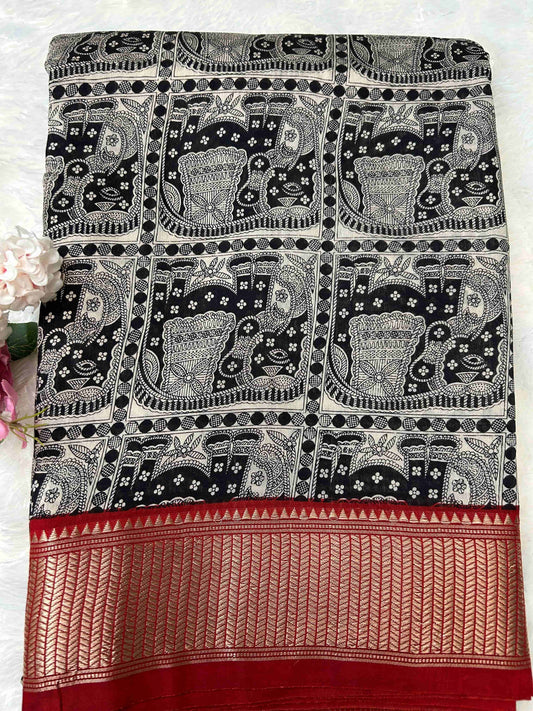 Black and red elephant print Assam banarasi silk saree Niaura