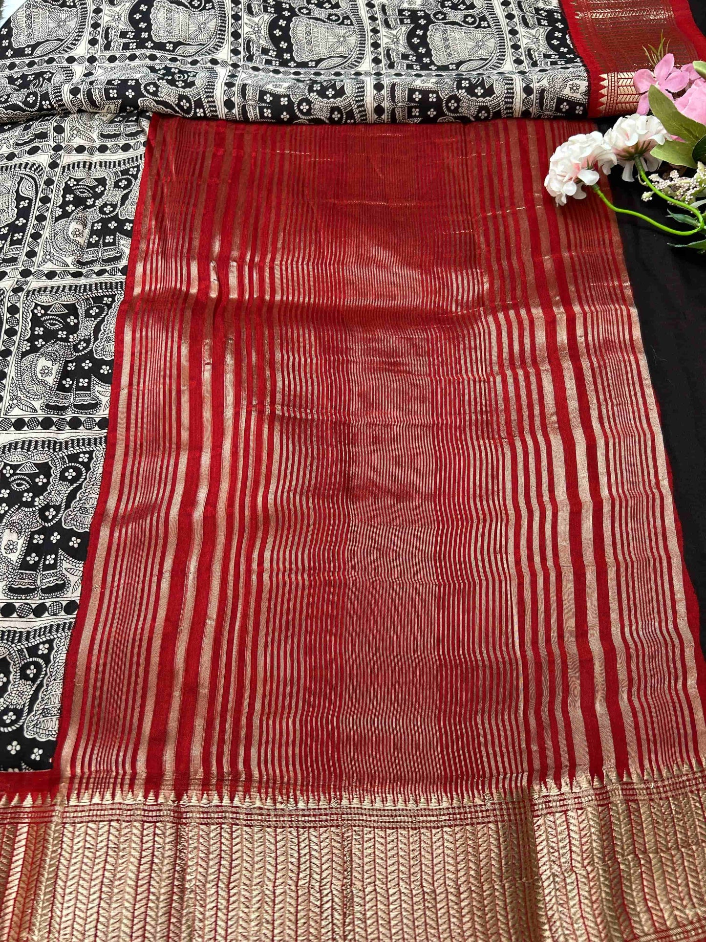 Black and red elephant print Assam banarasi silk saree Niaura