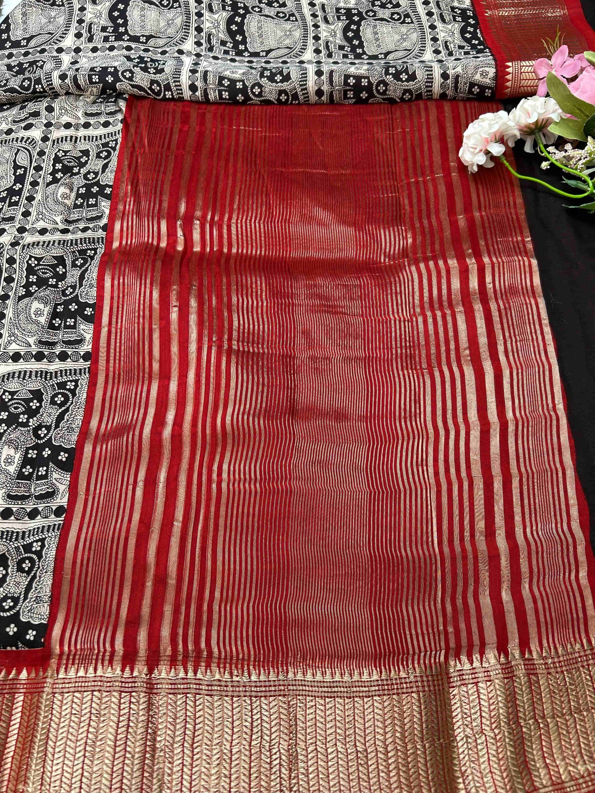 Black and red elephant print Assam banarasi silk saree Niaura