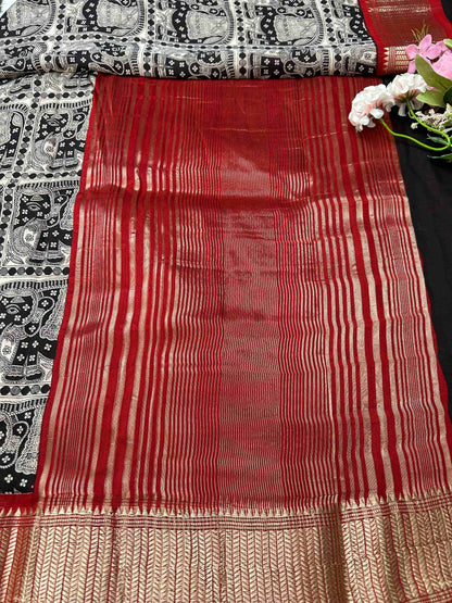 Black and red elephant print Assam banarasi silk saree Niaura