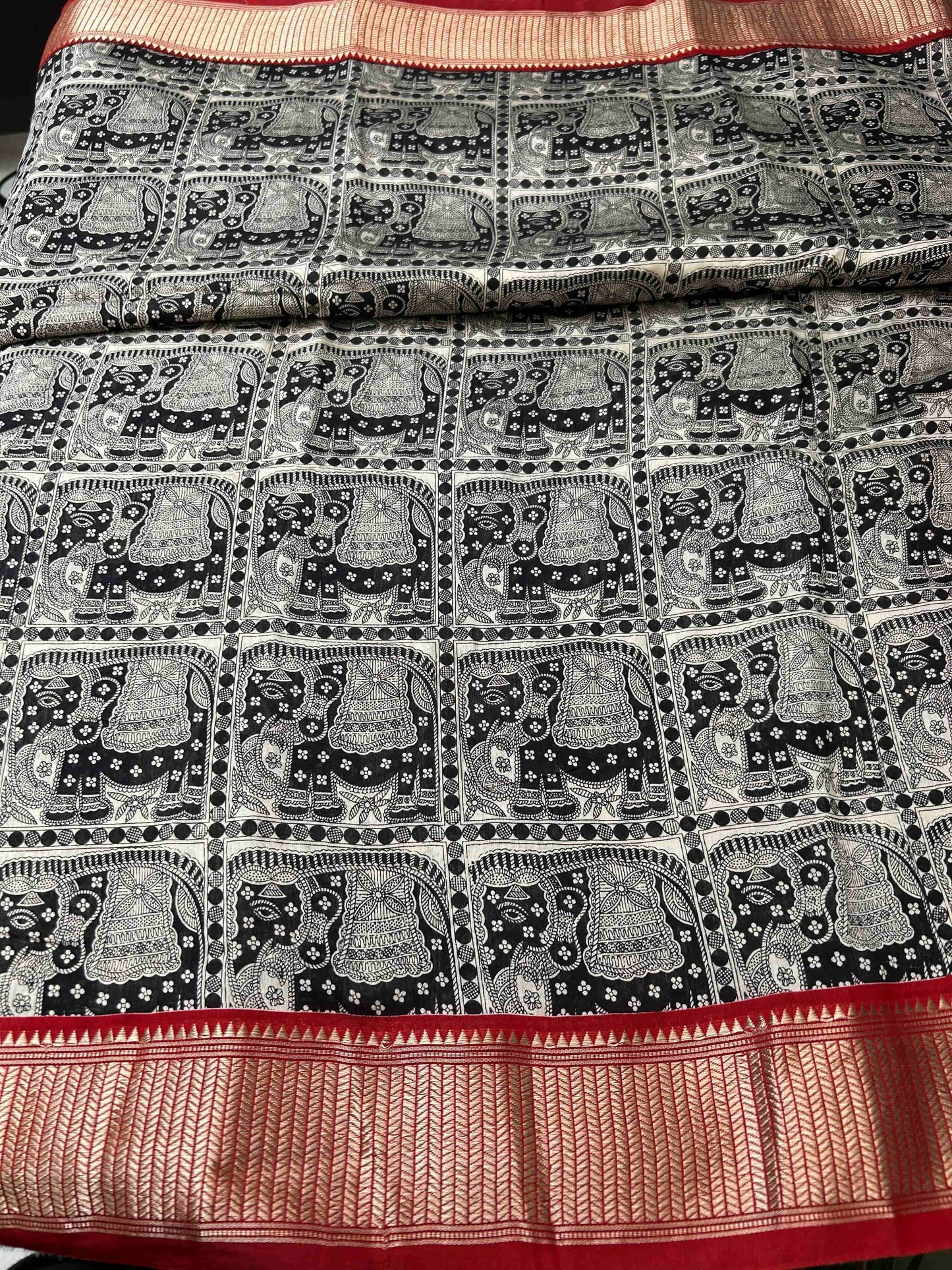 Black and red elephant print Assam banarasi silk saree Niaura