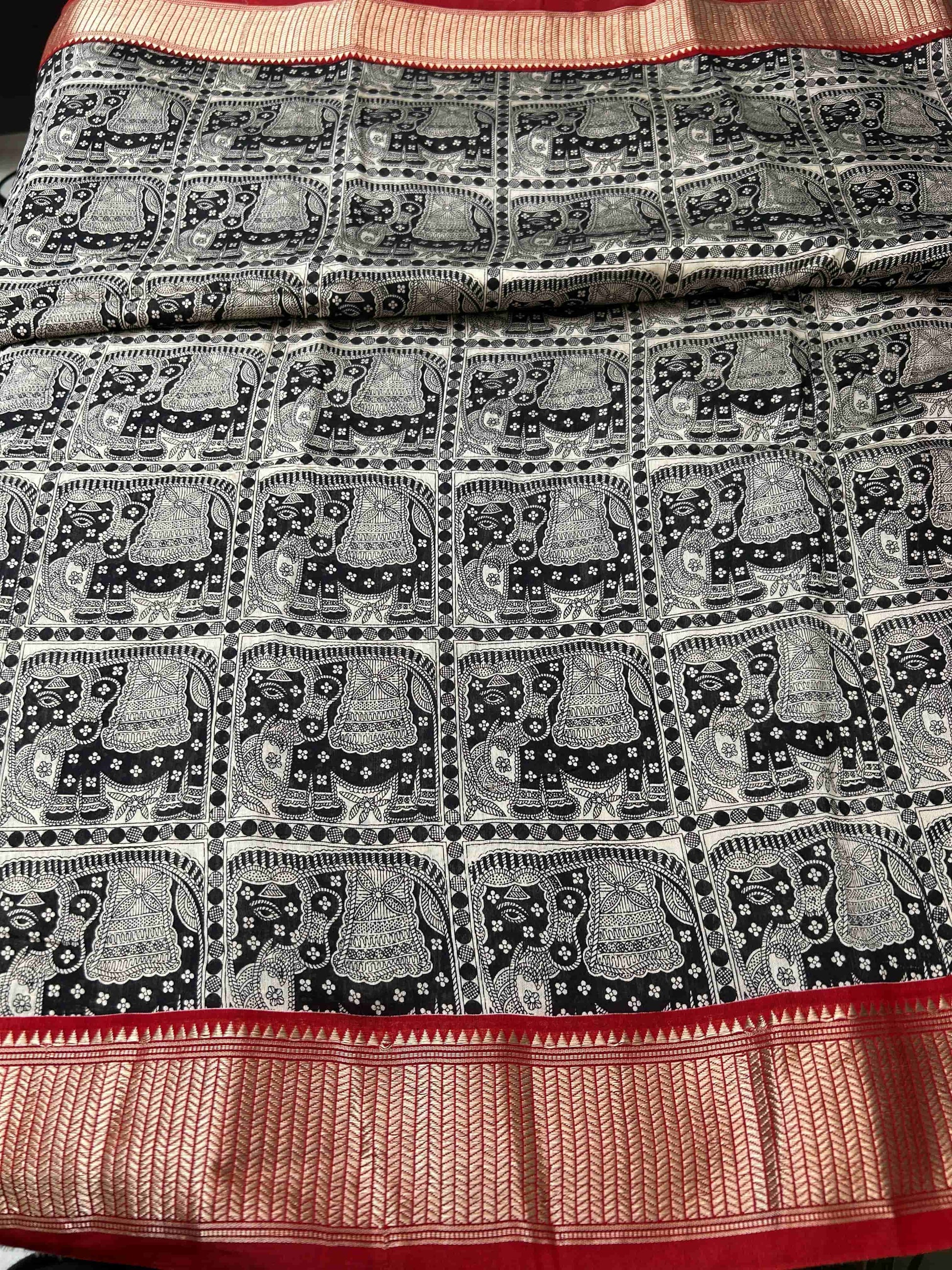 Black and red elephant print Assam banarasi silk saree Niaura