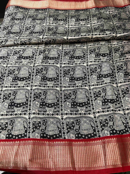 Black and red elephant print Assam banarasi silk saree Niaura