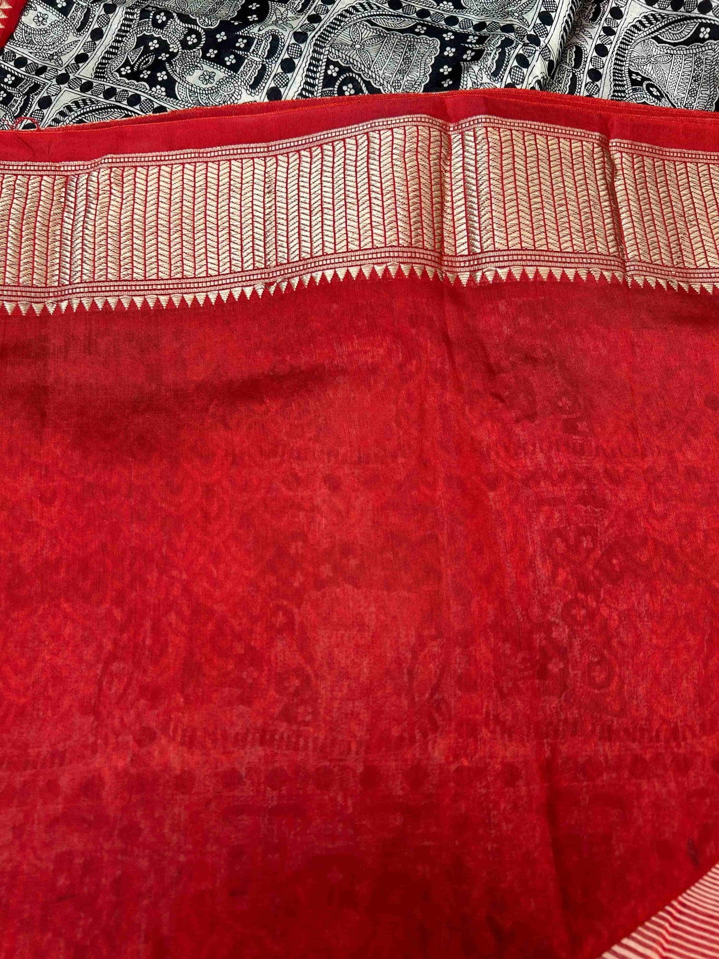 Black and red elephant print Assam banarasi silk saree Niaura