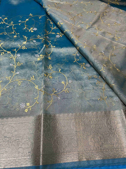Blue with zari work tissue banarasi silk saree Niaura