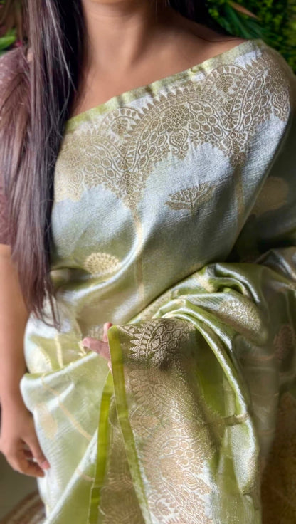Green tissue scallop boarder banarasi silk saree Niaura