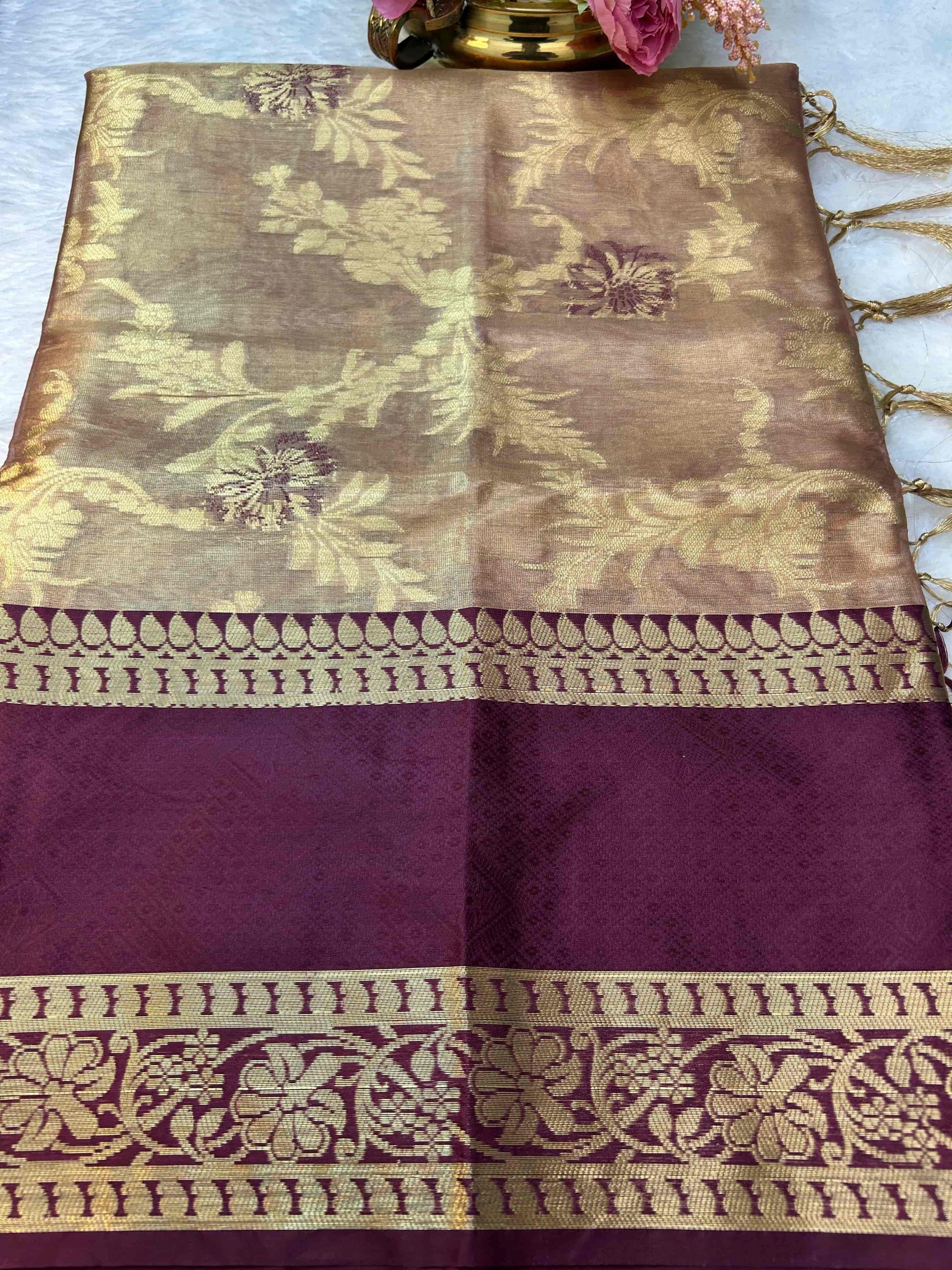 Gold tissue with deep wine boarder banarasi silk saree Niaura