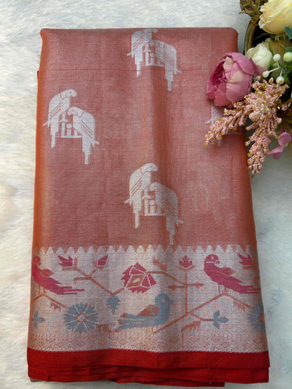 Pastel Orange with red and brocade blouse banarasi raw silk saree Niaura