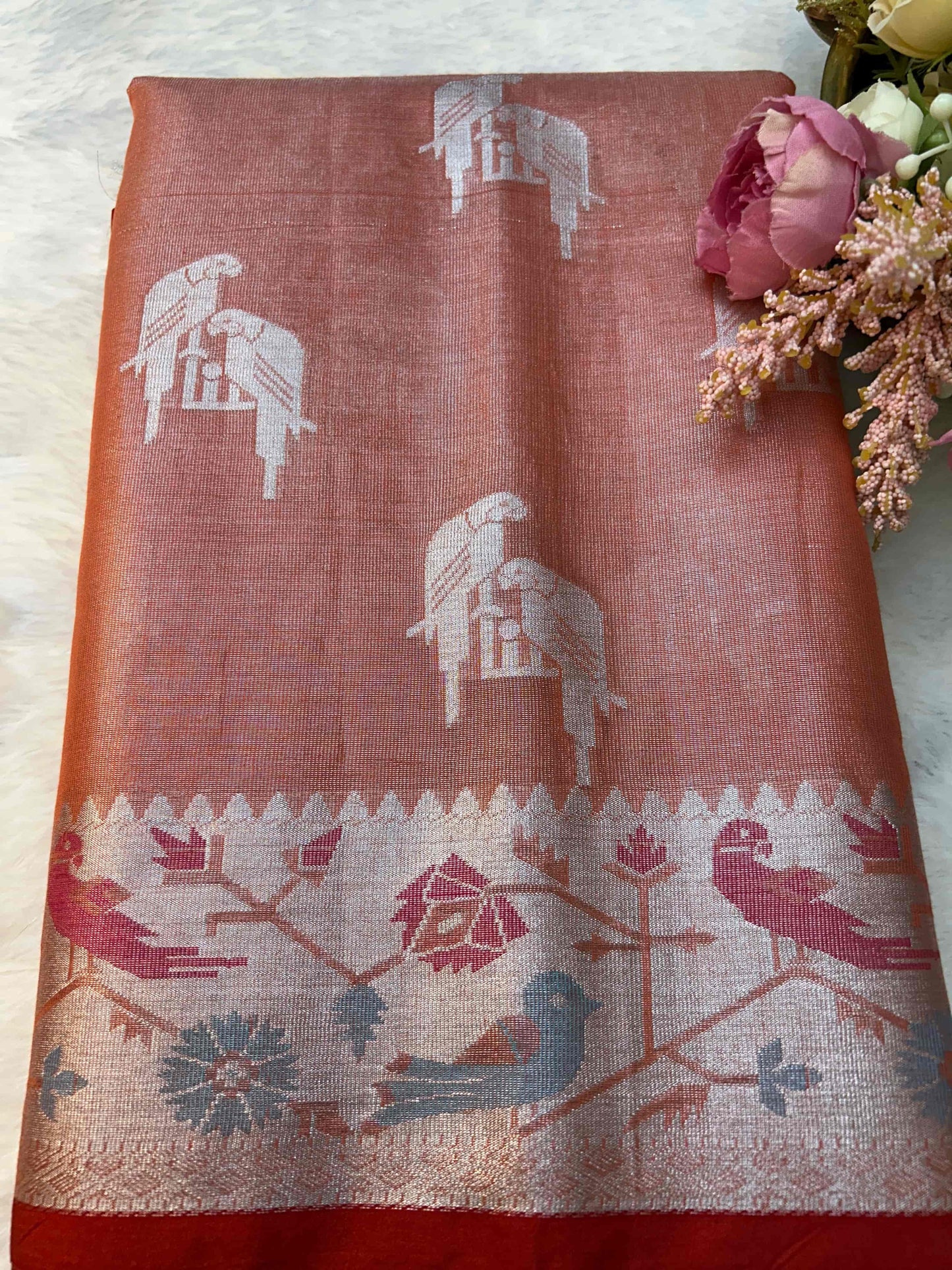 Pastel Orange with red and brocade blouse banarasi raw silk saree Niaura
