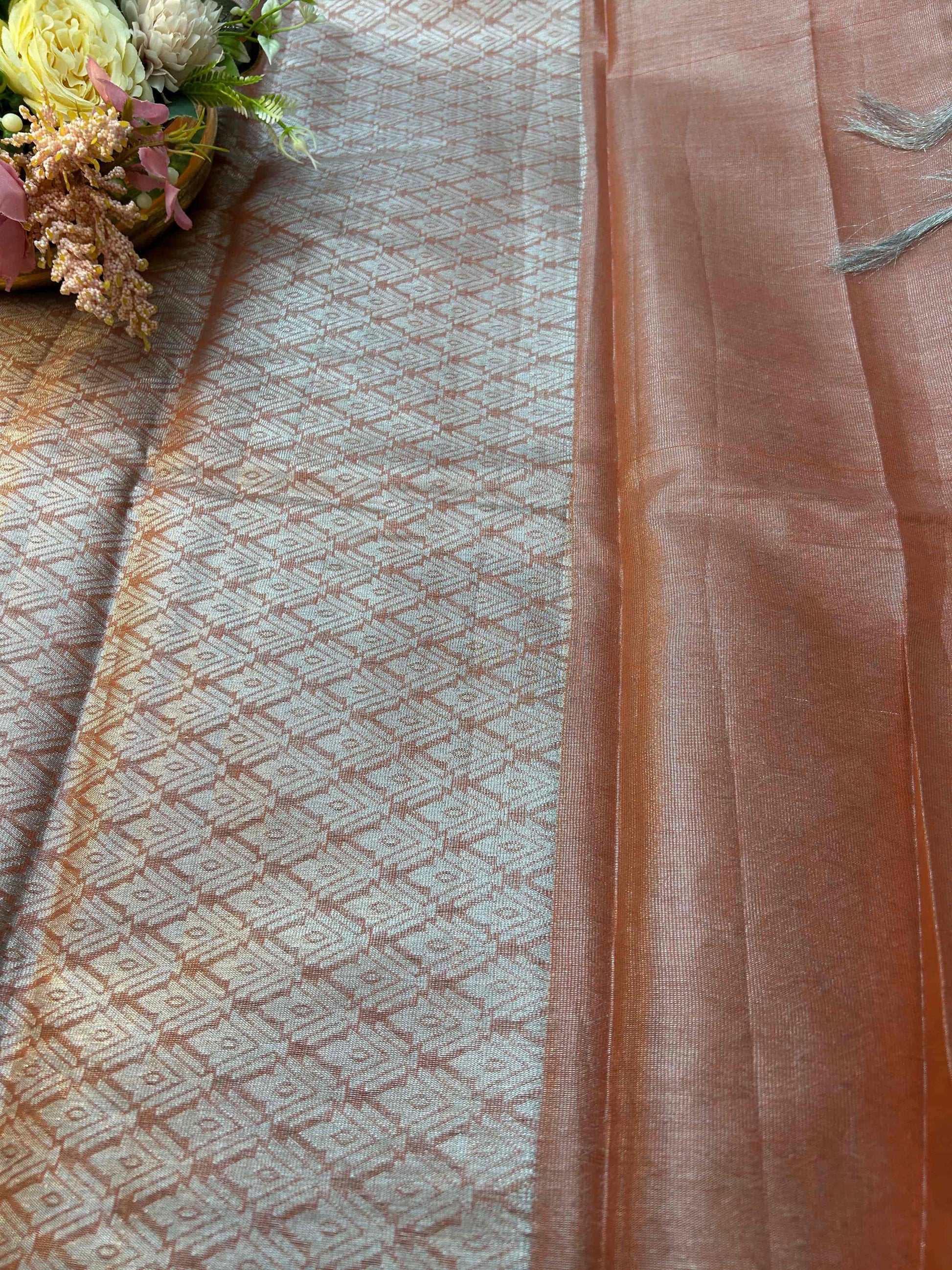 Pastel Orange with red and brocade blouse banarasi raw silk saree Niaura