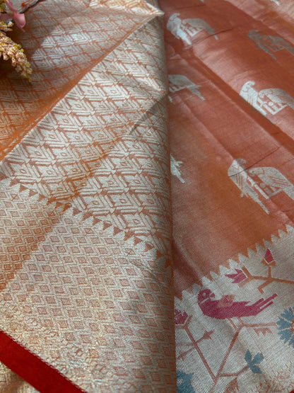 Pastel Orange with red and brocade blouse banarasi raw silk saree Niaura