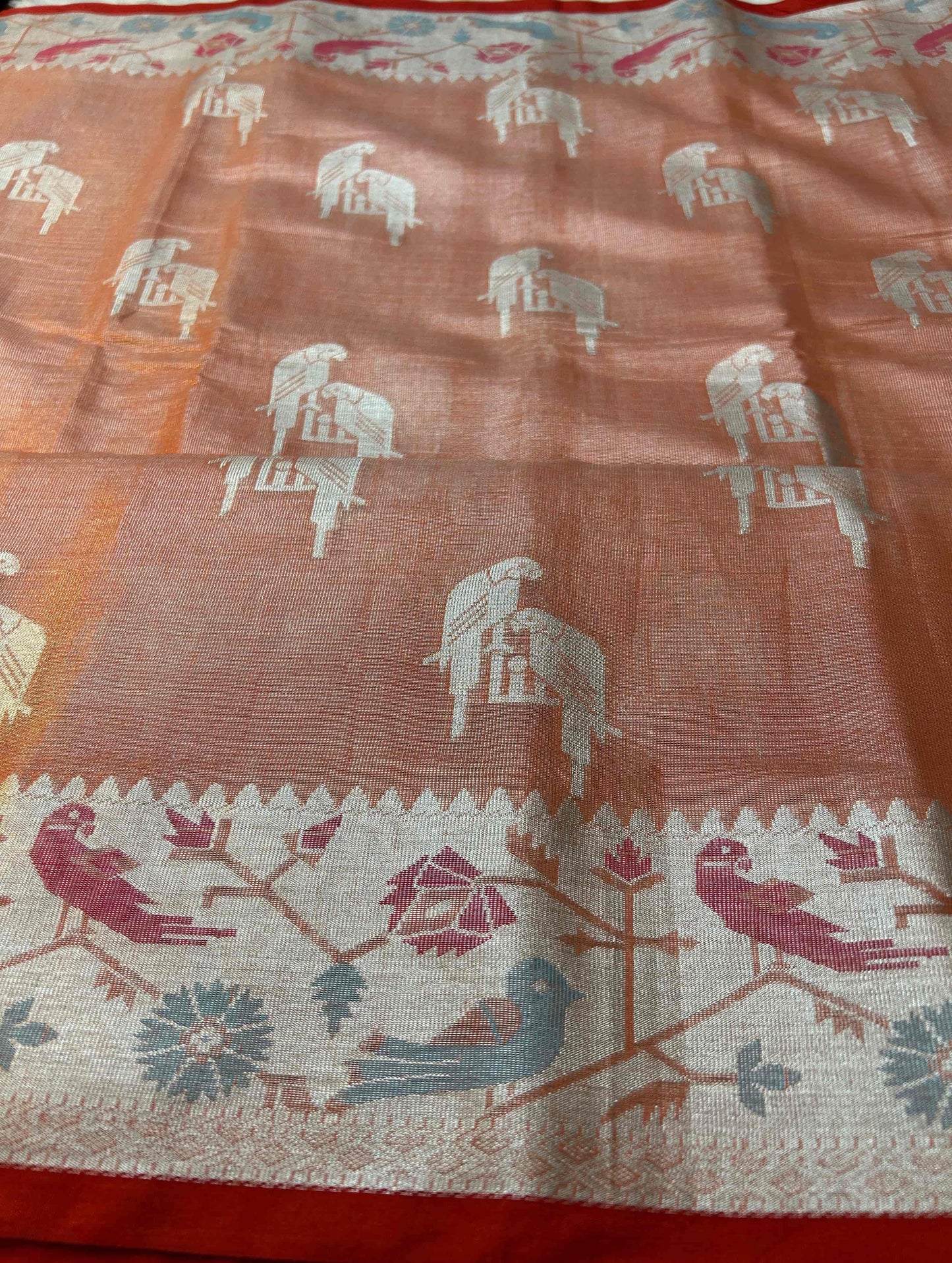 Pastel Orange with red and brocade blouse banarasi raw silk saree Niaura