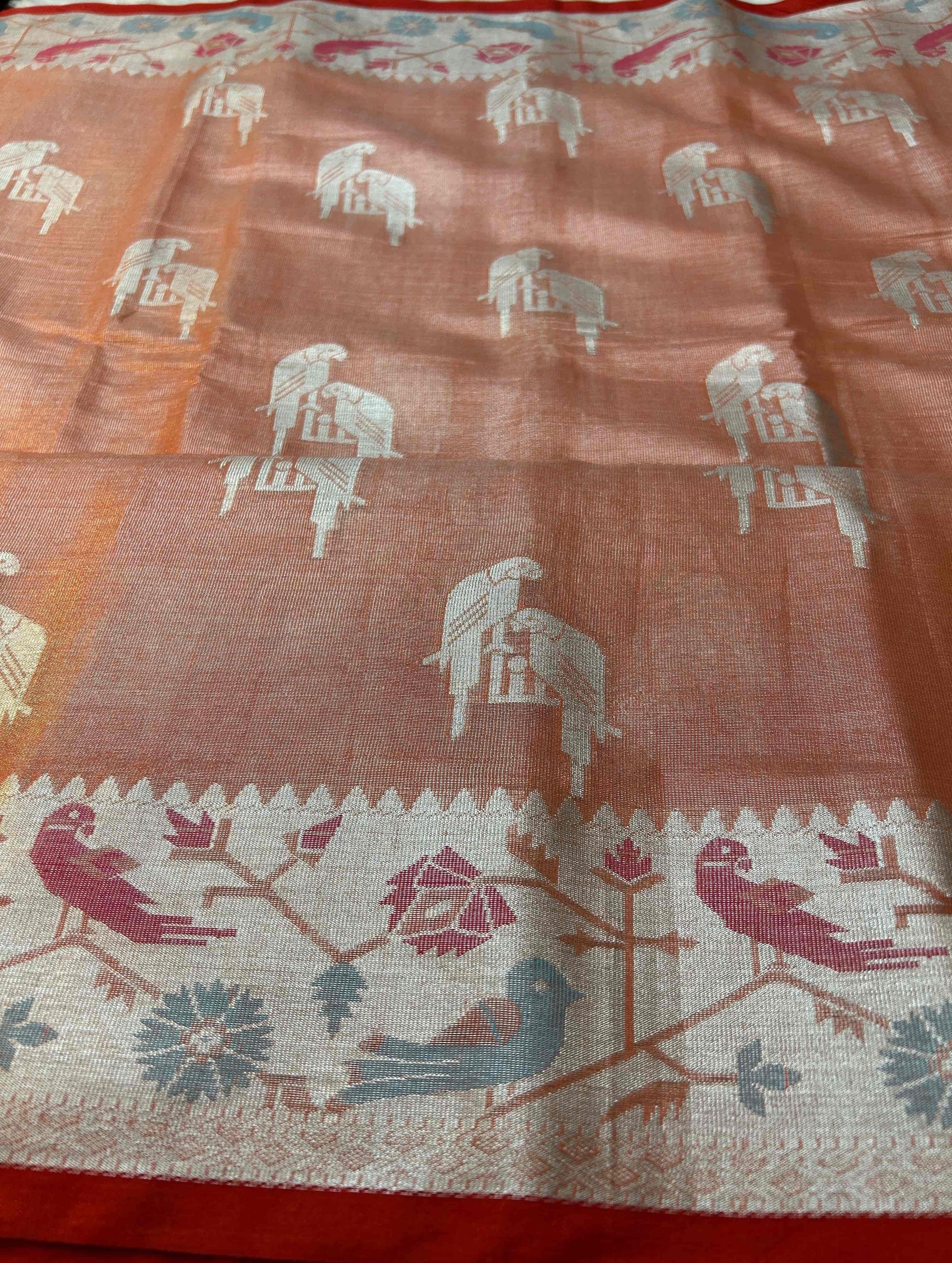 Pastel Orange with red and brocade blouse banarasi raw silk saree Niaura