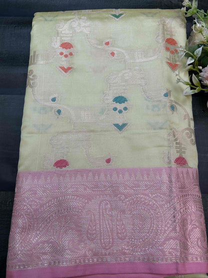Pastel green with pink boarder katan banarasi silk saree Niaura