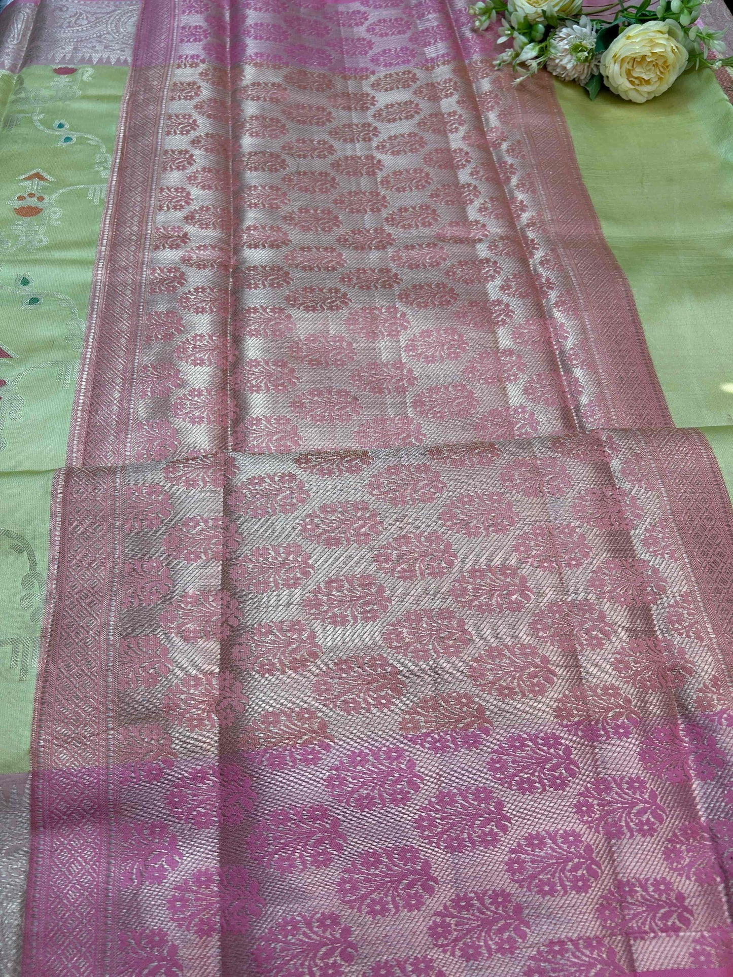 Pastel green with pink boarder katan banarasi silk saree Niaura